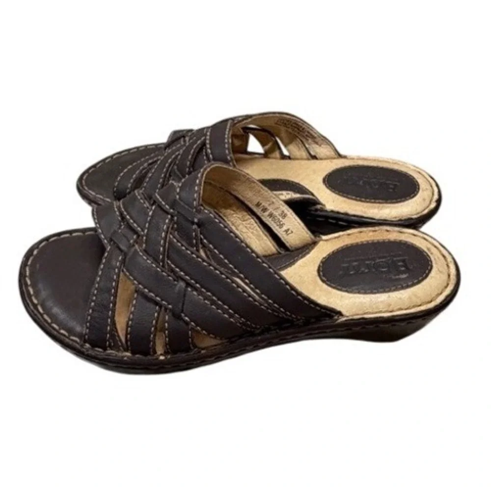 Born Brown Leather Woven Wedge‎ Slide Sandals Womens Size 7